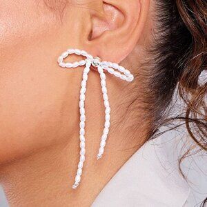 NWT PLT Silver Beaded Bow Tassel Earrings